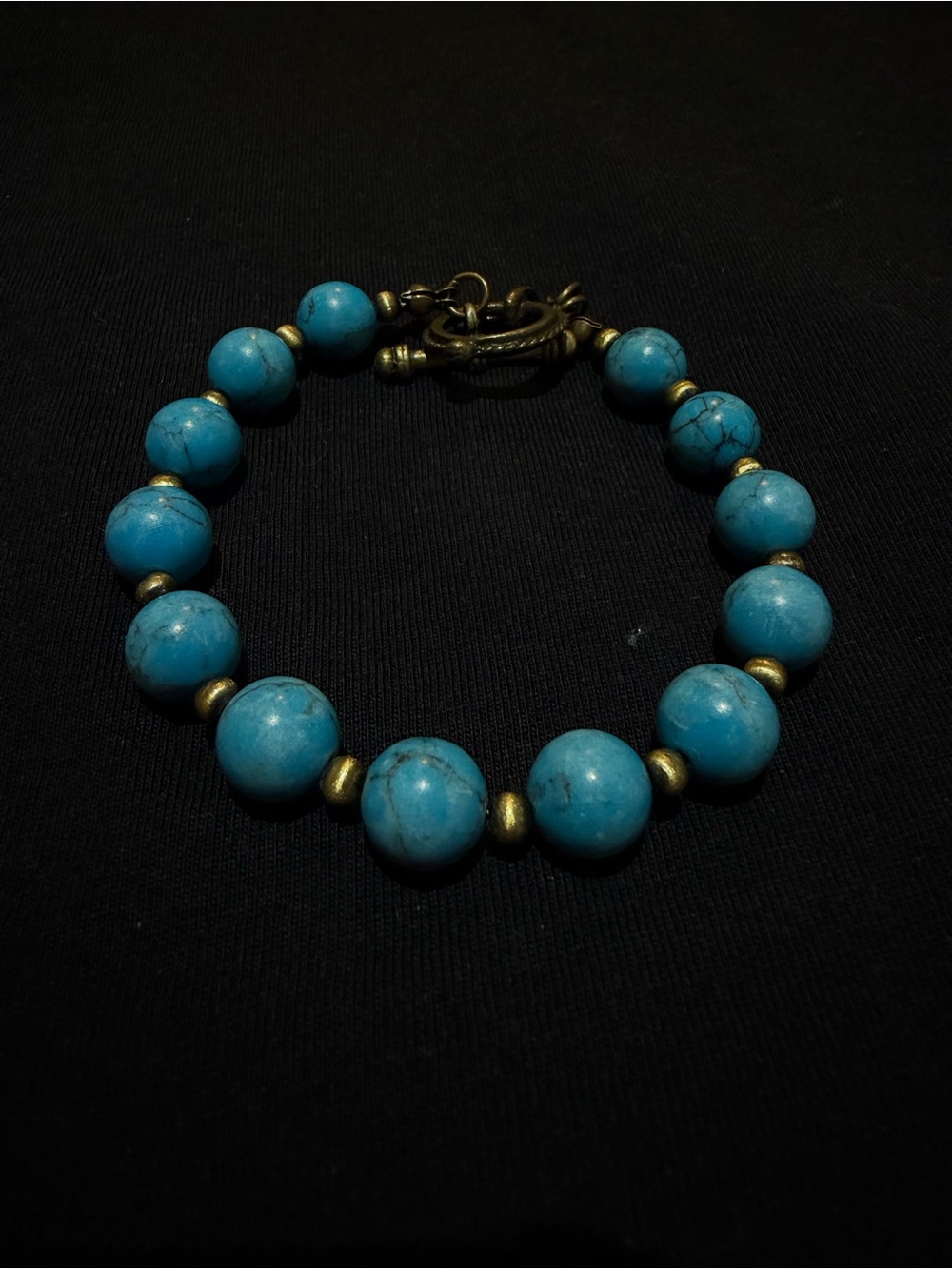 Reconstituted Turquoise Beaded Toggle Clasp Bracelet Bronze Accent Spacers